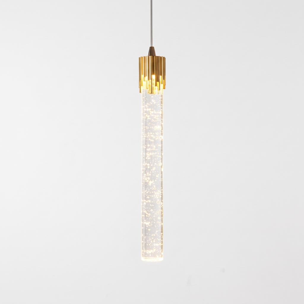 Pendant Light, Bubble Crystal Column with Gold Cap, Warm White LED on white background
