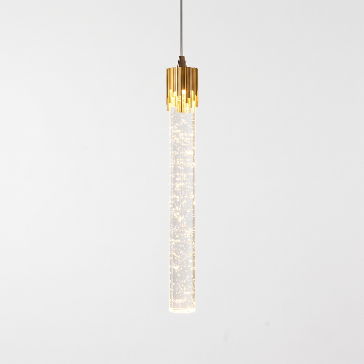 Pendant Light, Bubble Crystal Column with Gold Cap, Warm White LED on white background