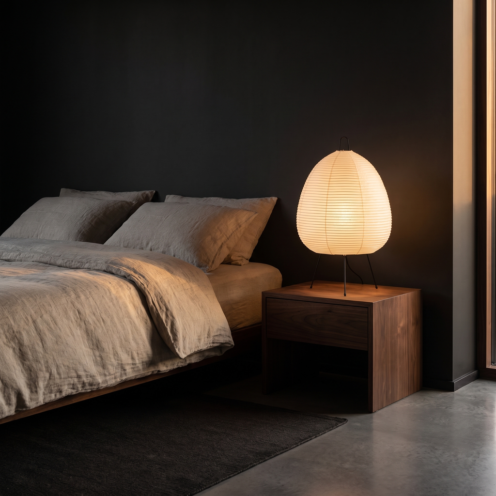 Table Lamp with Tall Rice Paper Egg Shade on Black Tripod Legs lifestyle 1