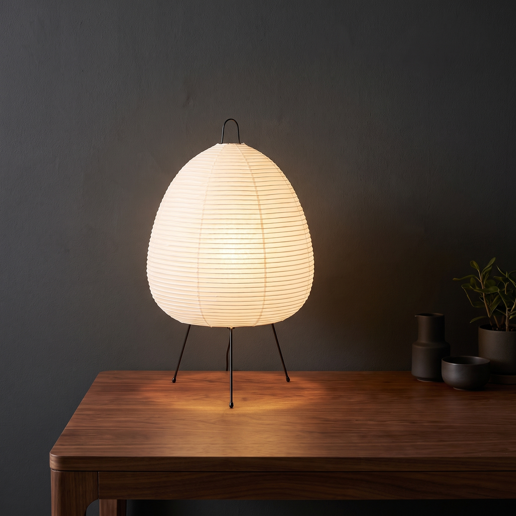Table Lamp with Tall Rice Paper Egg Shade on Black Tripod Legs lifestyle 3