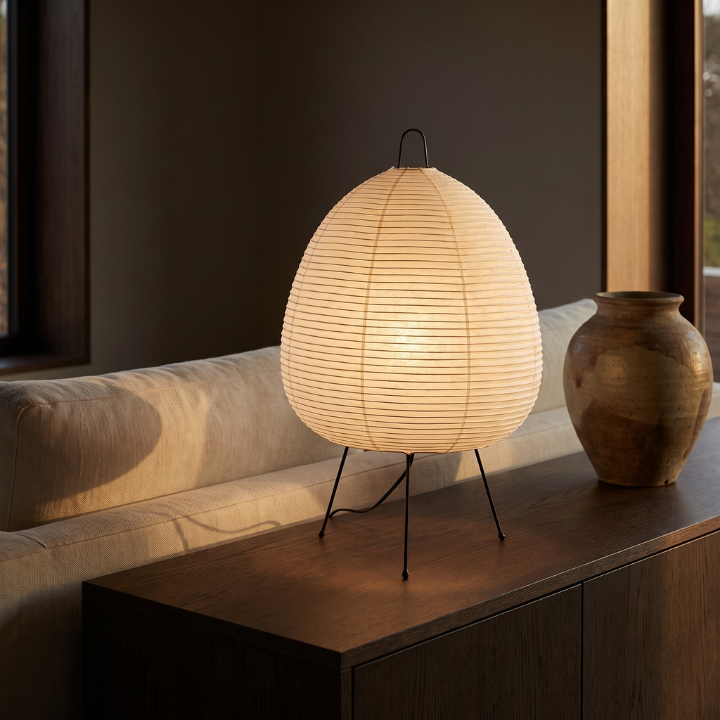 Table Lamp with Tall Rice Paper Egg Shade on Black Tripod Legs lifestyle 2
