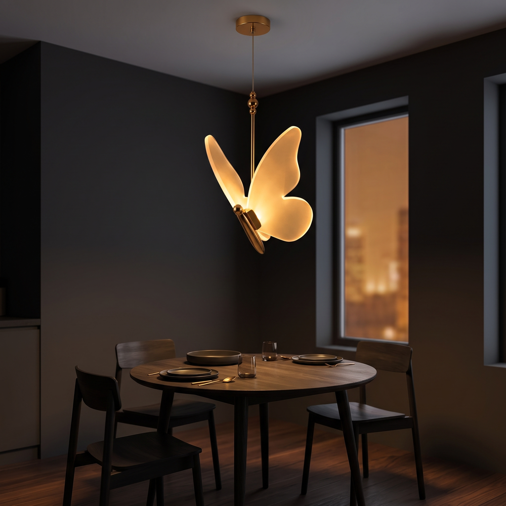 Pendant Light with Acrylic Butterfly Shade, Gold, Three Light Colors lifestyle 2