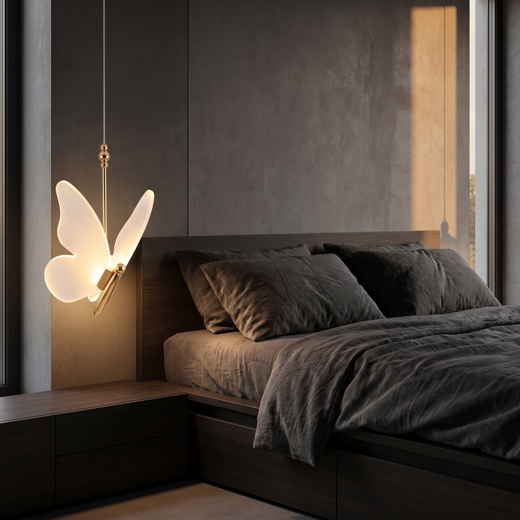 Pendant Light with Acrylic Butterfly Shade, Gold, Three Light Colors lifestyle 1