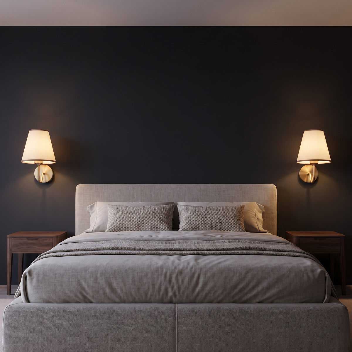 Pair of fabric shade rechargeable wall sconces either side of a bed