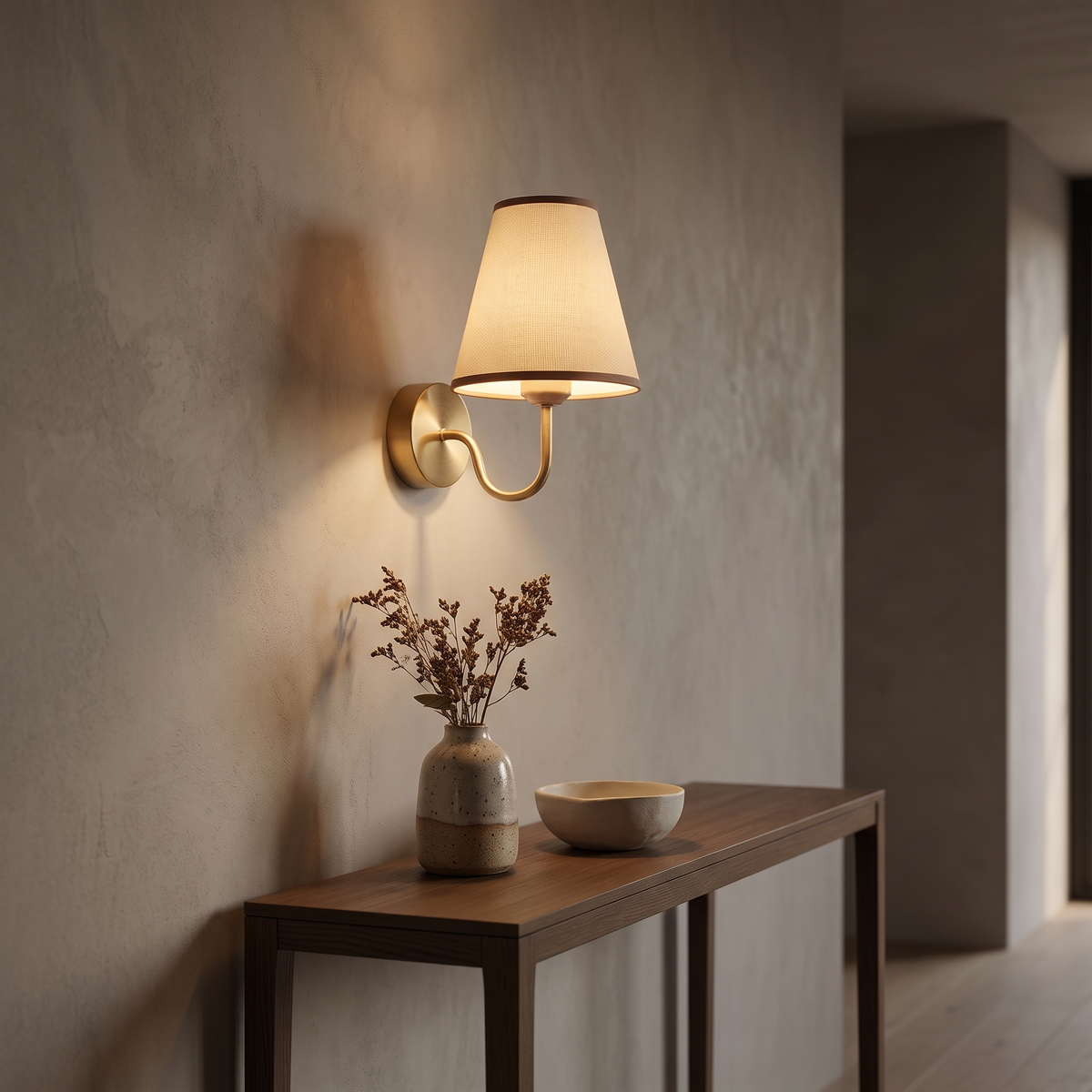 Rechargeable fabric shade wall sconce above a hallway console, no wiring
