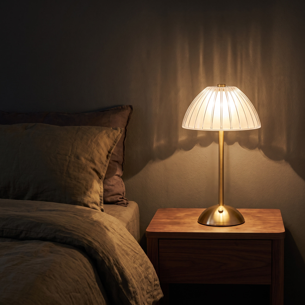 Ribbed Dome Cordless Table Lamp on a walnut bedside table at night