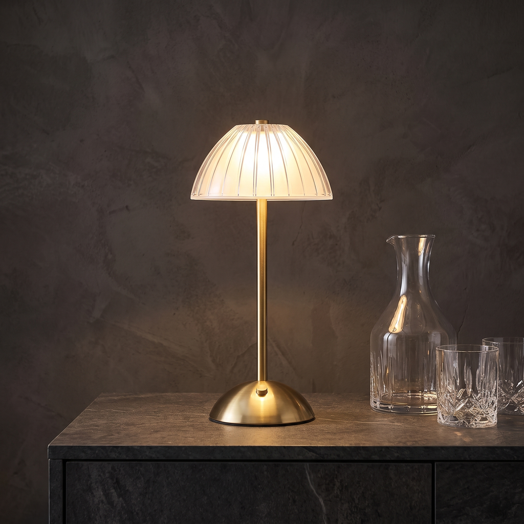 Ribbed Dome Cordless Table Lamp on a stone sideboard with glassware