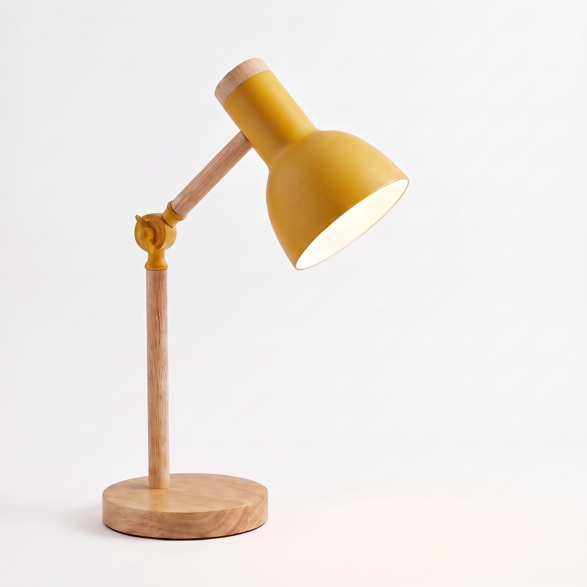 Scandinavian Wooden LED Desk Lamp in yellow on white background