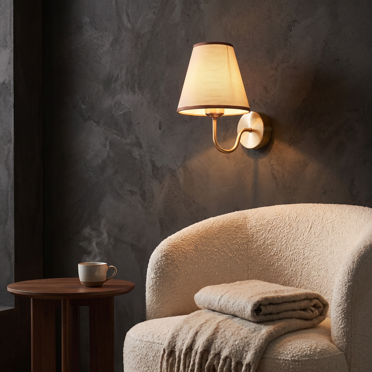 Modern Nordic Fabric Shade Rechargeable Wall Sconce lighting a reading chair at night