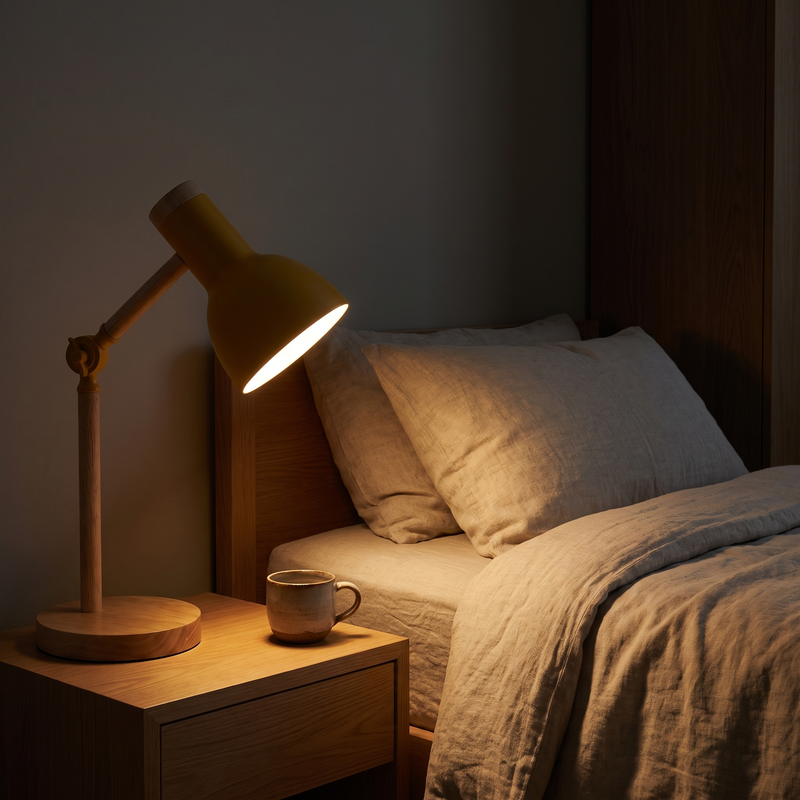 Scandinavian Wooden LED Desk Lamp in yellow on a bedside table at night