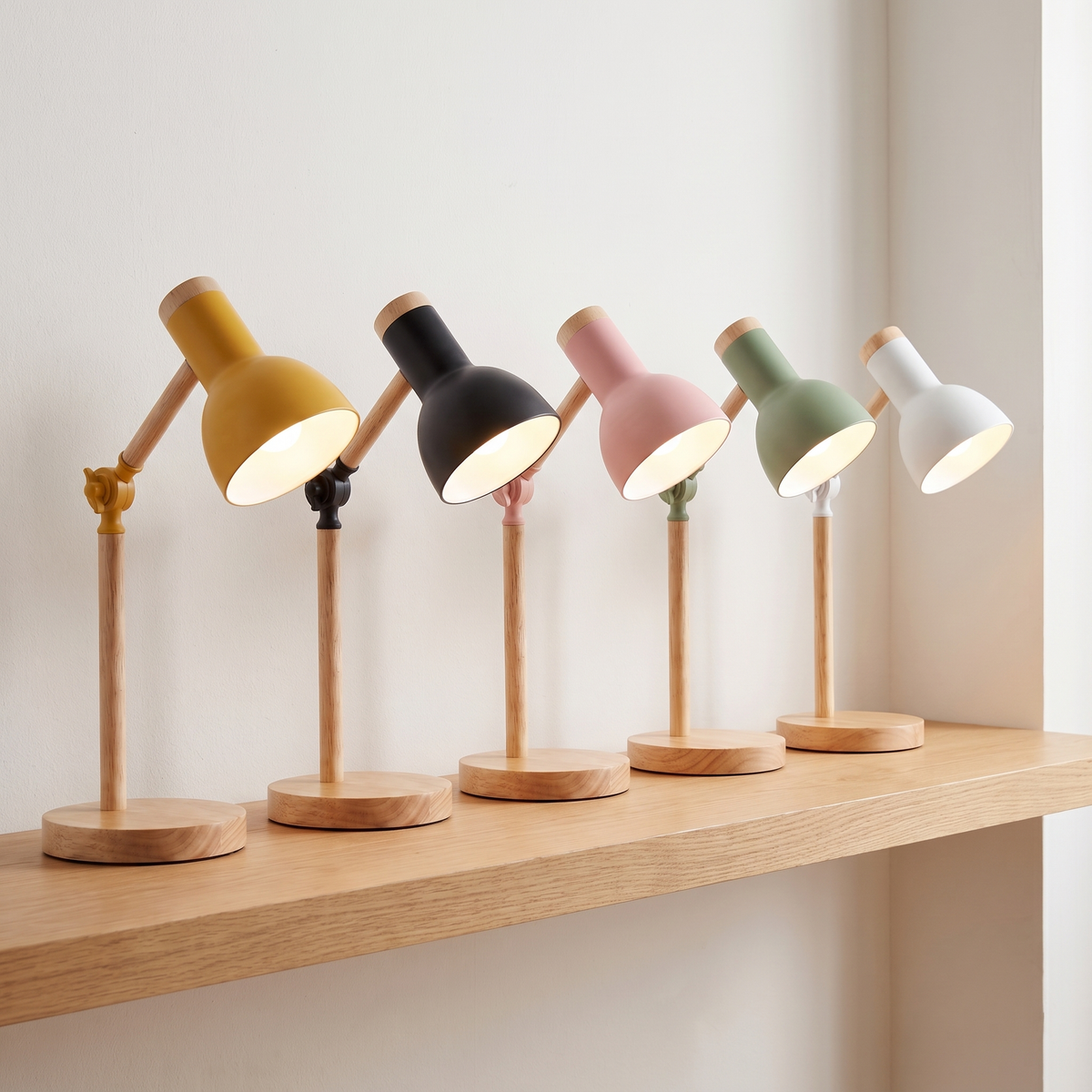 Scandinavian Wooden LED Desk Lamp in yellow, black, pink, green and white