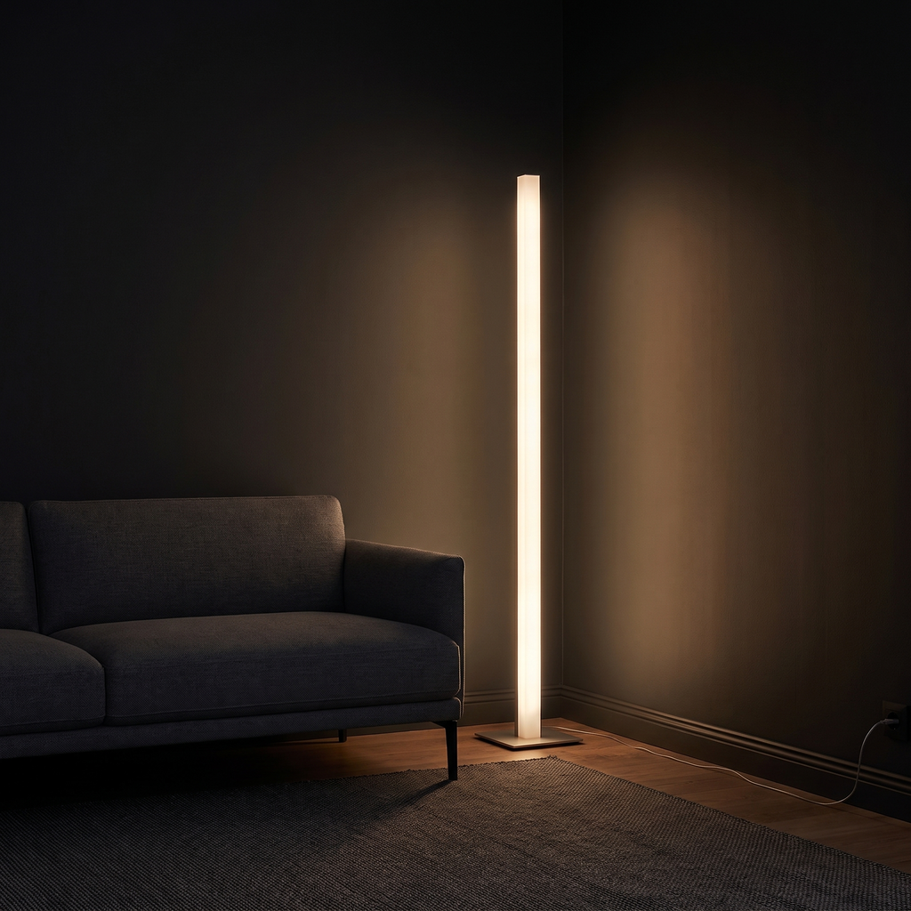 Minimalist LED Corner Floor Lamp glowing warm white beside a sofa