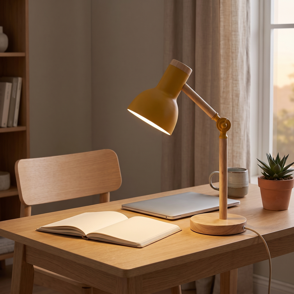 Scandinavian Wooden LED Desk Lamp on a home office desk