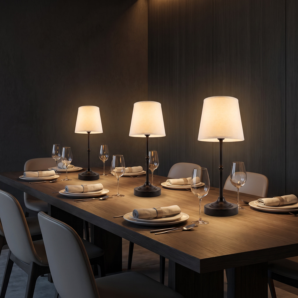 Three Dimmable Cordless Table Lamps down a dinner table