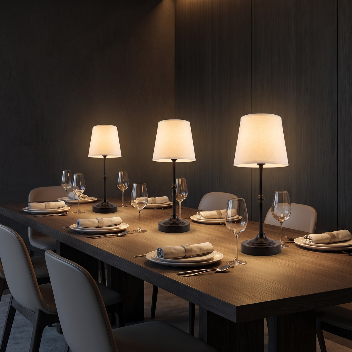 Three Dimmable Cordless Table Lamps down a dinner table