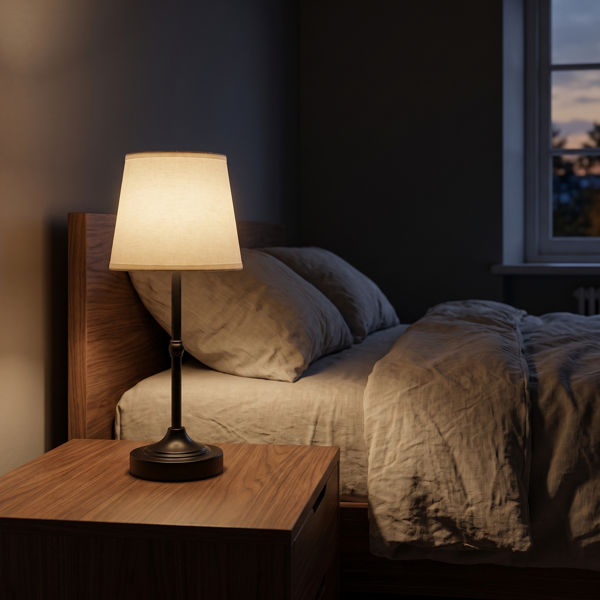 Dimmable Cordless Table Lamp in black on a walnut bedside table at night