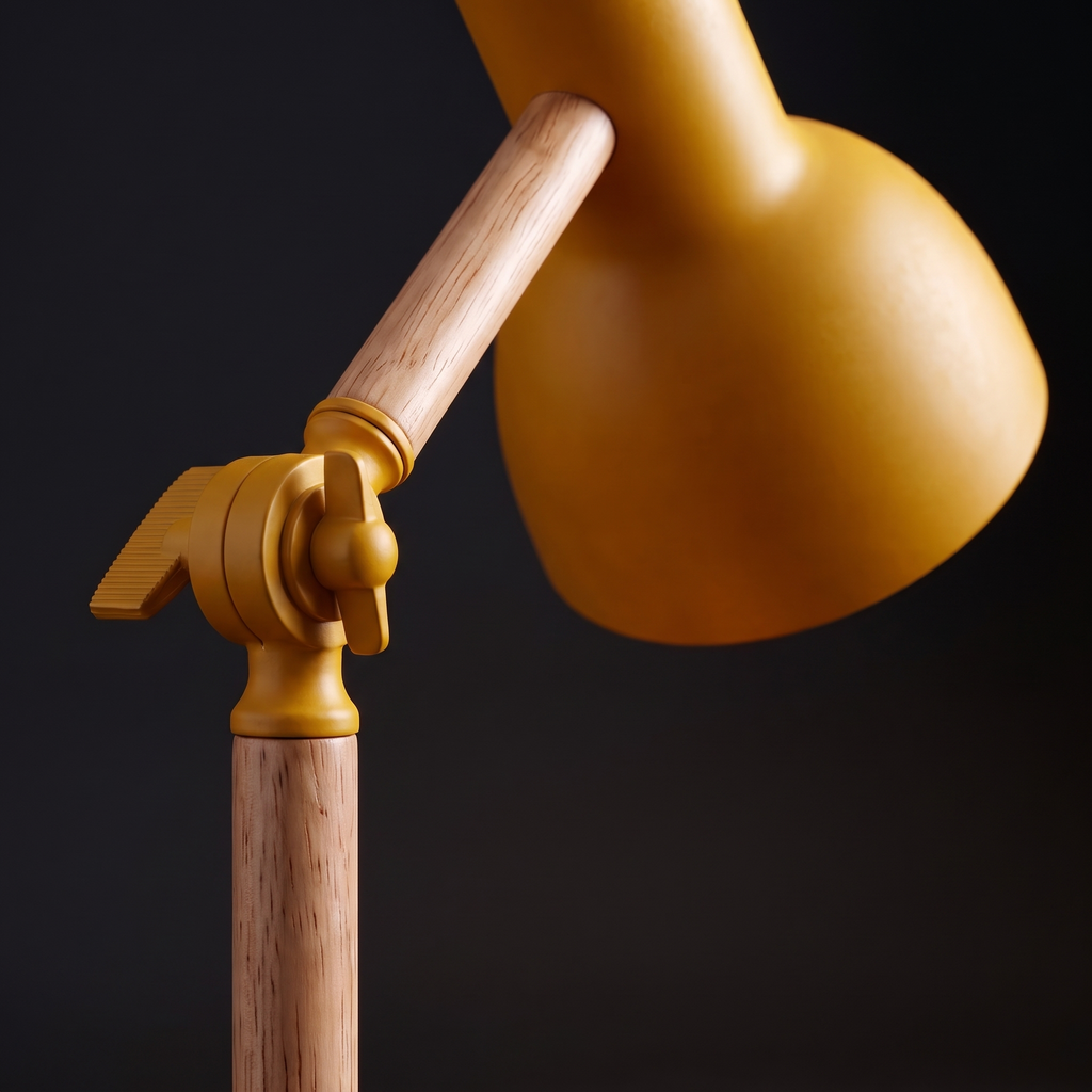 Close-up of the wooden arm and yellow shade of the desk lamp