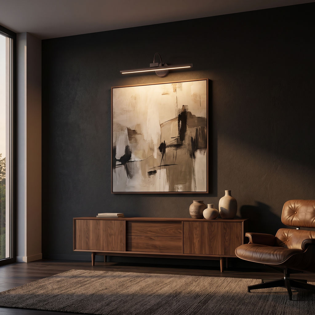 Rechargeable LED Picture Light mounted above a large framed abstract canvas on a charcoal wall in a dark living room
