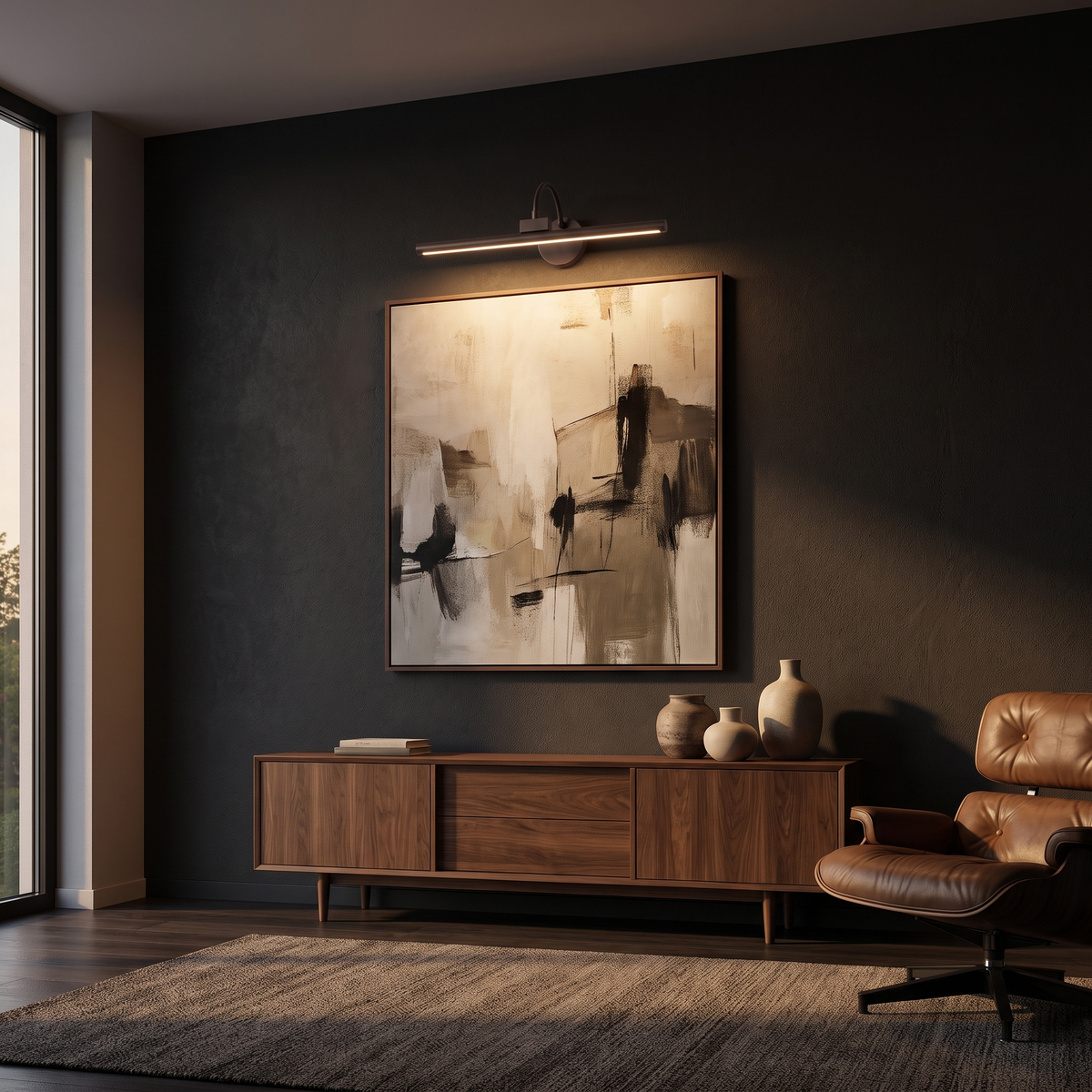 Rechargeable LED Picture Light mounted above a large framed abstract canvas on a charcoal wall in a dark living room
