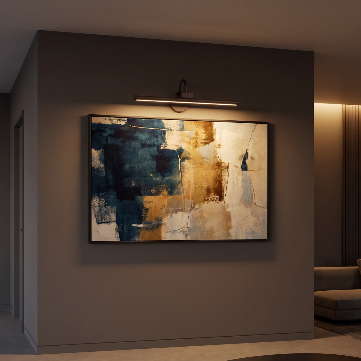 Rechargeable LED Picture Light shown to scale above a framed abstract canvas about 24 in wide