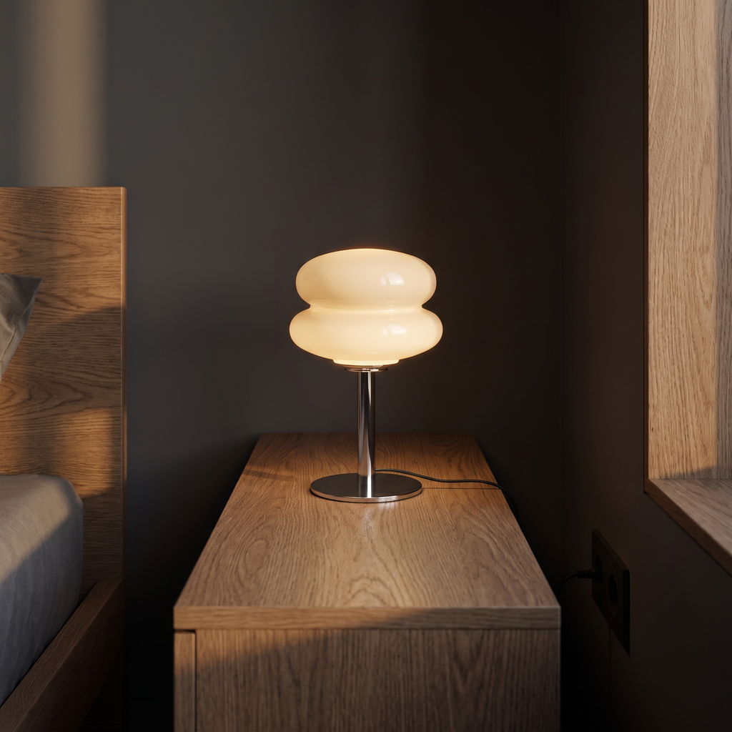 Modern Glass Mushroom Table Lamp shown to scale on a narrow oak bedside table