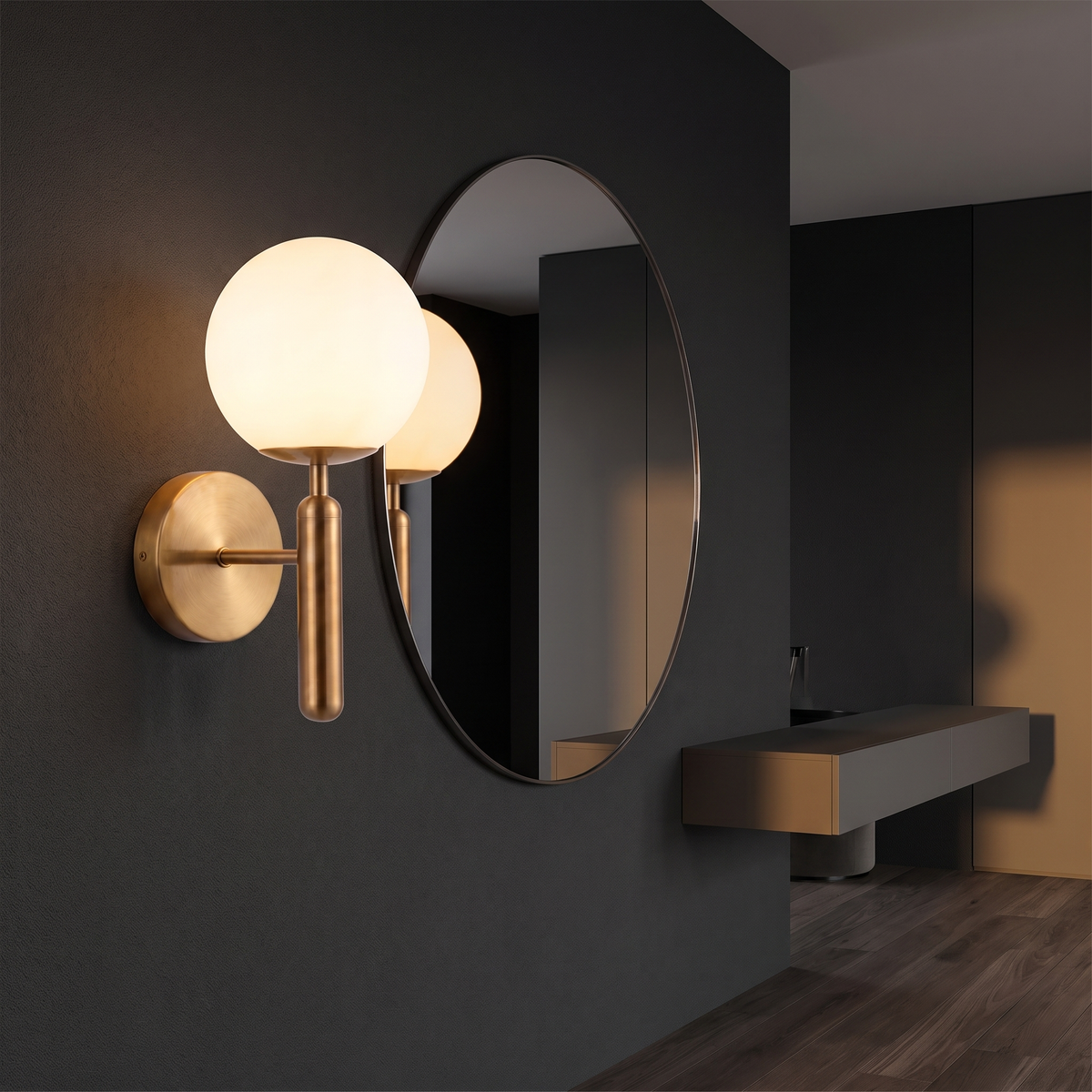 Modern Glass Globe Wall Sconce shown to scale on a wall beside a round mirror