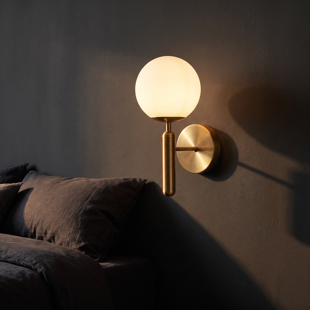 Modern Glass Globe Wall Sconce mounted on a charcoal wall beside a bed in a dark bedroom