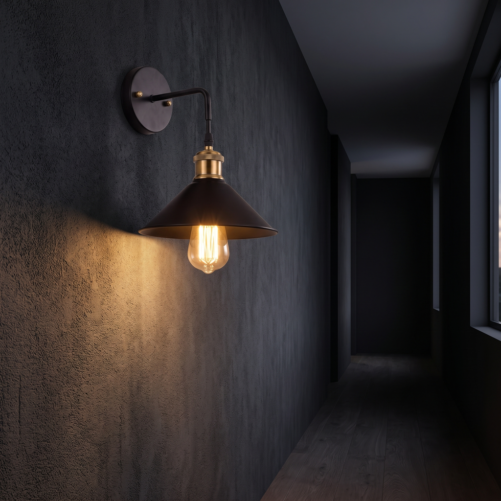Vintage Cone Wall Sconce mounted in a dark hallway washing the wall with warm light