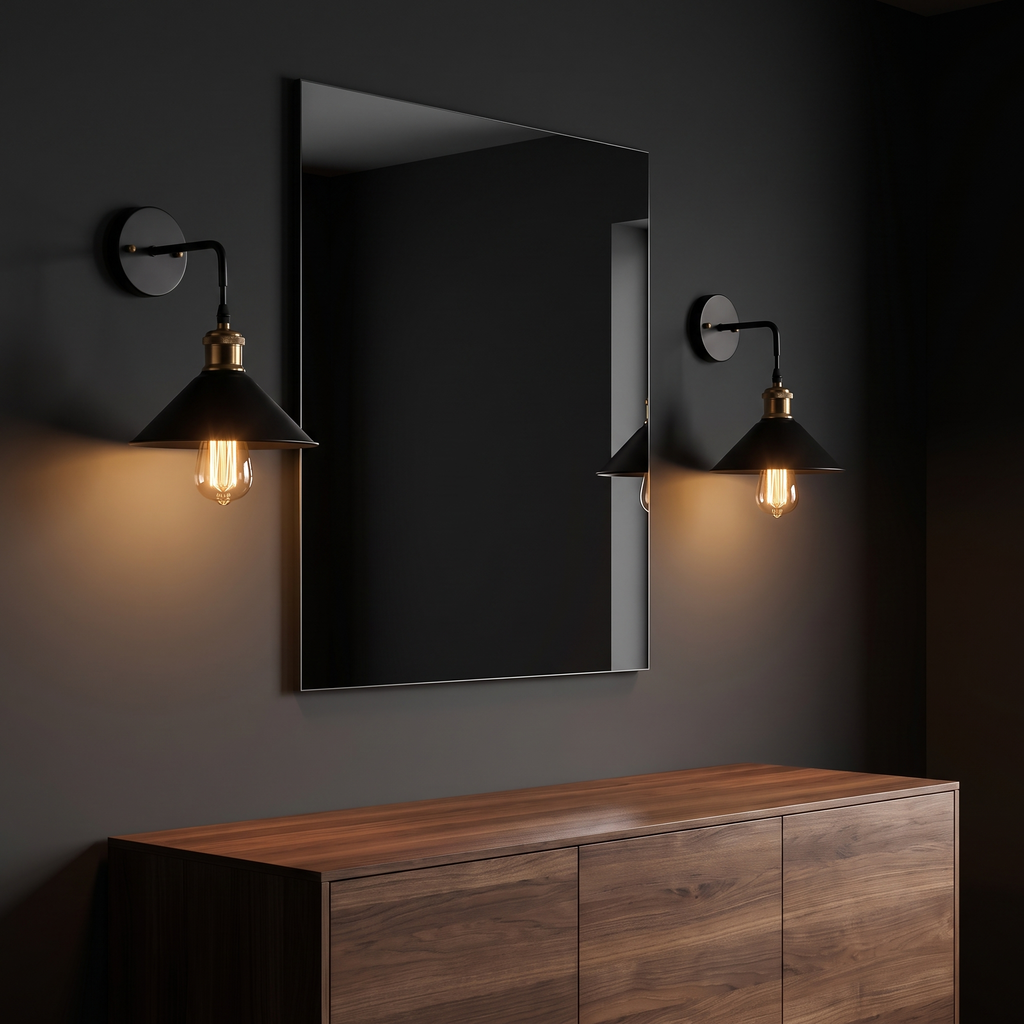 Vintage Cone Wall Sconce shown to scale either side of a mirror above a walnut sideboard