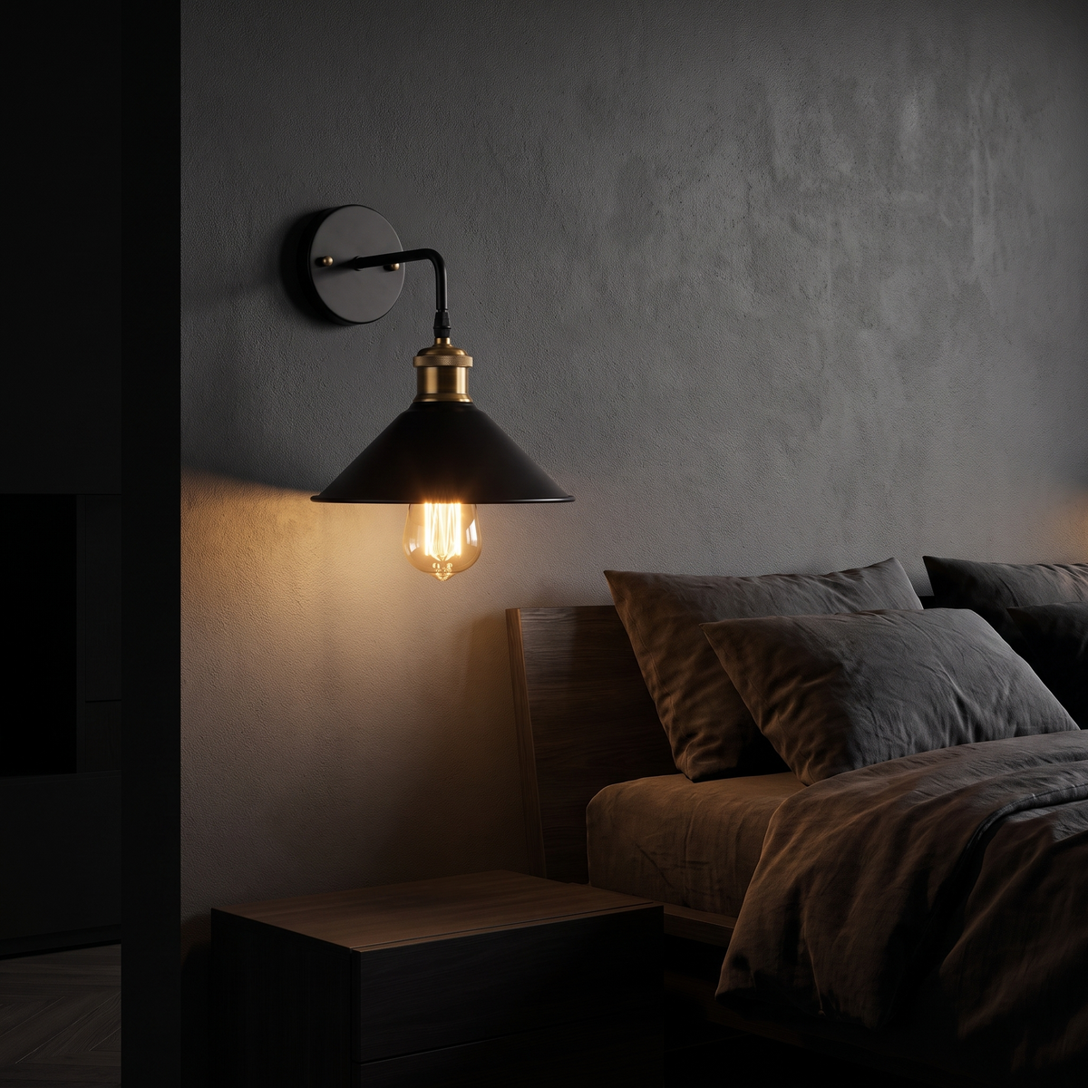 Vintage Cone Wall Sconce mounted on a charcoal wall beside a bed in a dark bedroom