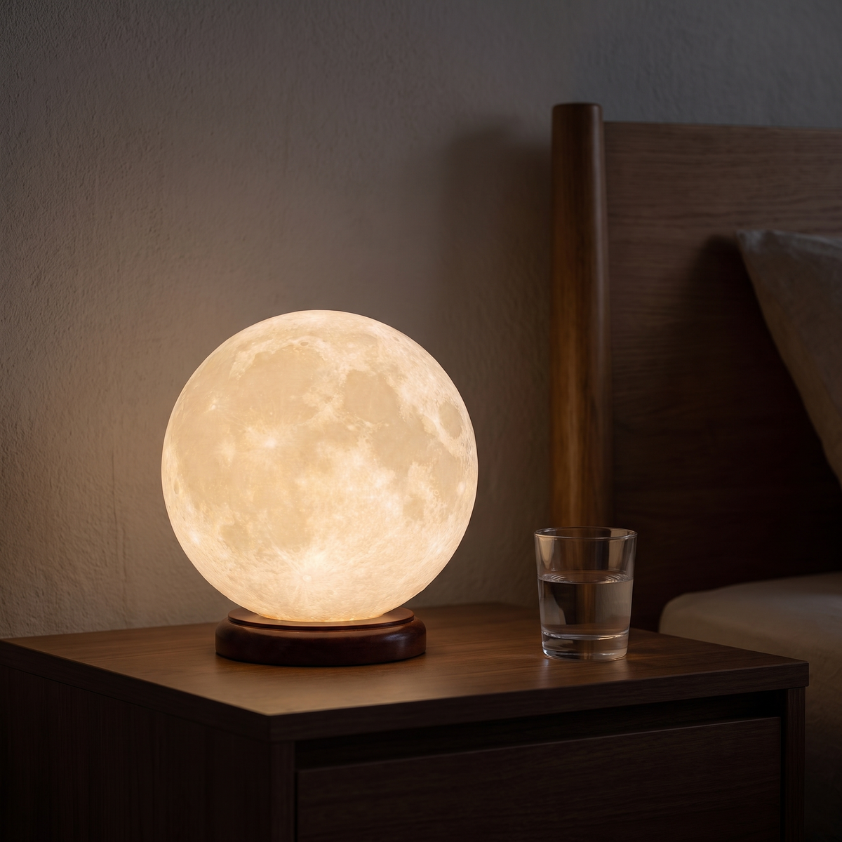 3D Moon Lamp shown to scale on a bedside table next to a small glass of water