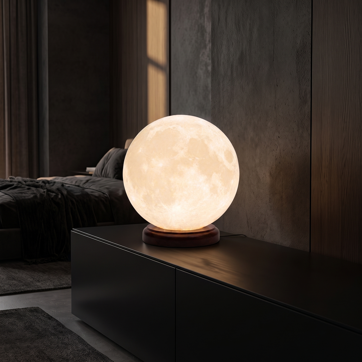 3D Moon Lamp on a black console in a dark modern living room