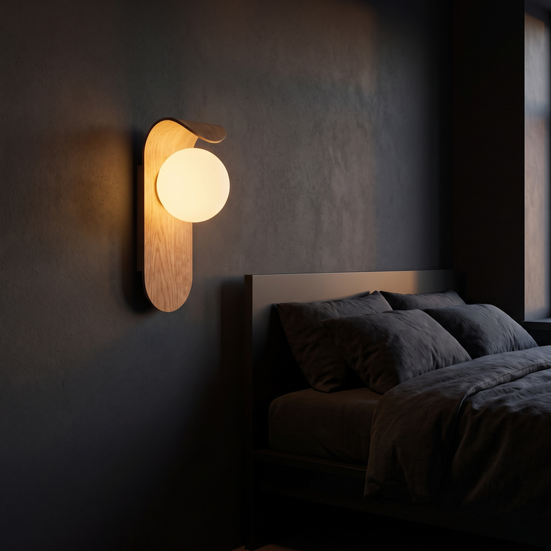 Oval Timber LED Wall Sconce mounted on a charcoal wall beside a bed in a dark bedroom