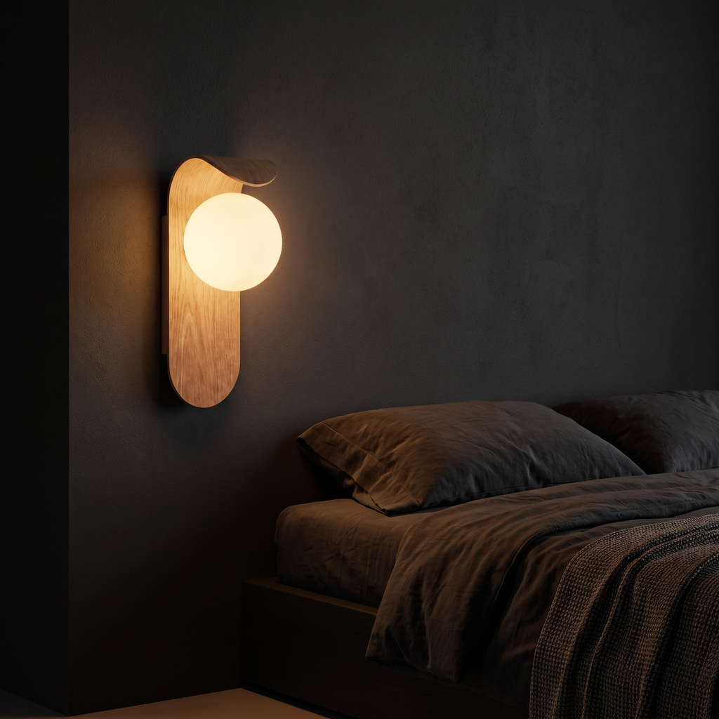 Oval Timber LED Wall Sconce shown to scale on the wall beside a bed
