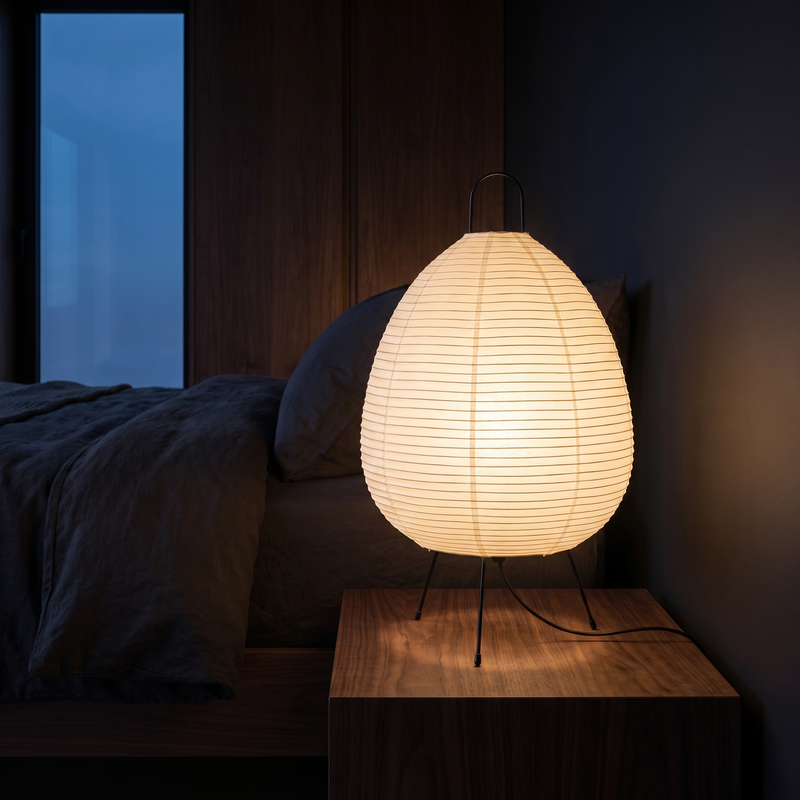 Rice Paper Lantern Tripod Table Lamp on a walnut bedside table in a dark bedroom