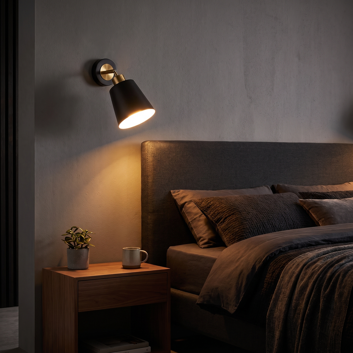 Swivel-Arm Cone Wall Sconce shown to scale angled over a bed headboard