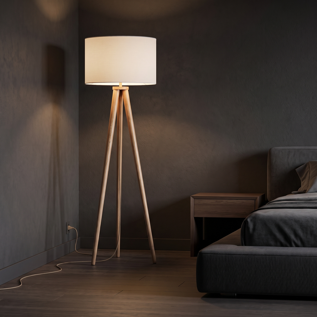 Wooden Tripod Floor Lamp in the corner of a dark minimal bedroom