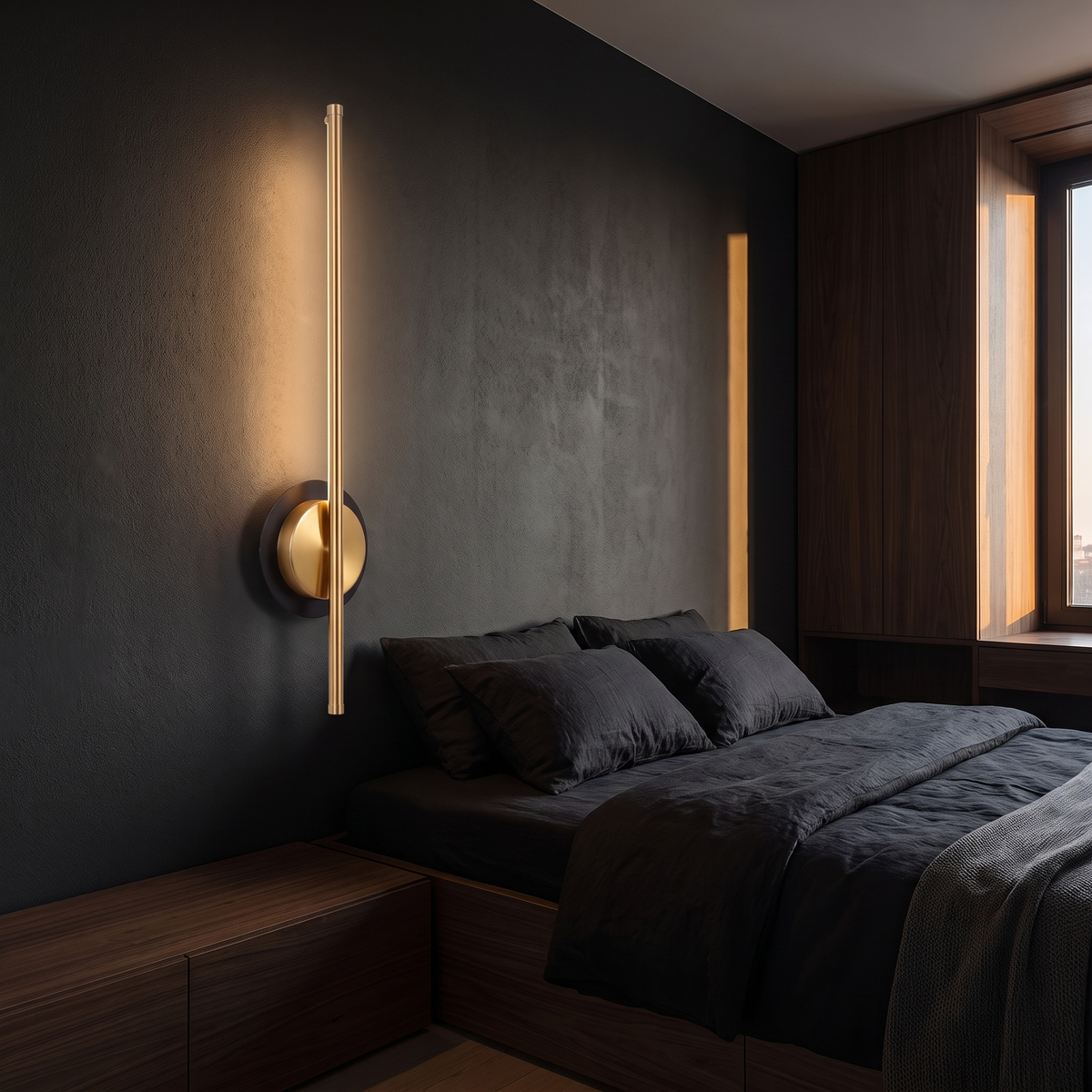 Cordless Brass Bar Wall Sconce shown to scale on the wall beside a bed