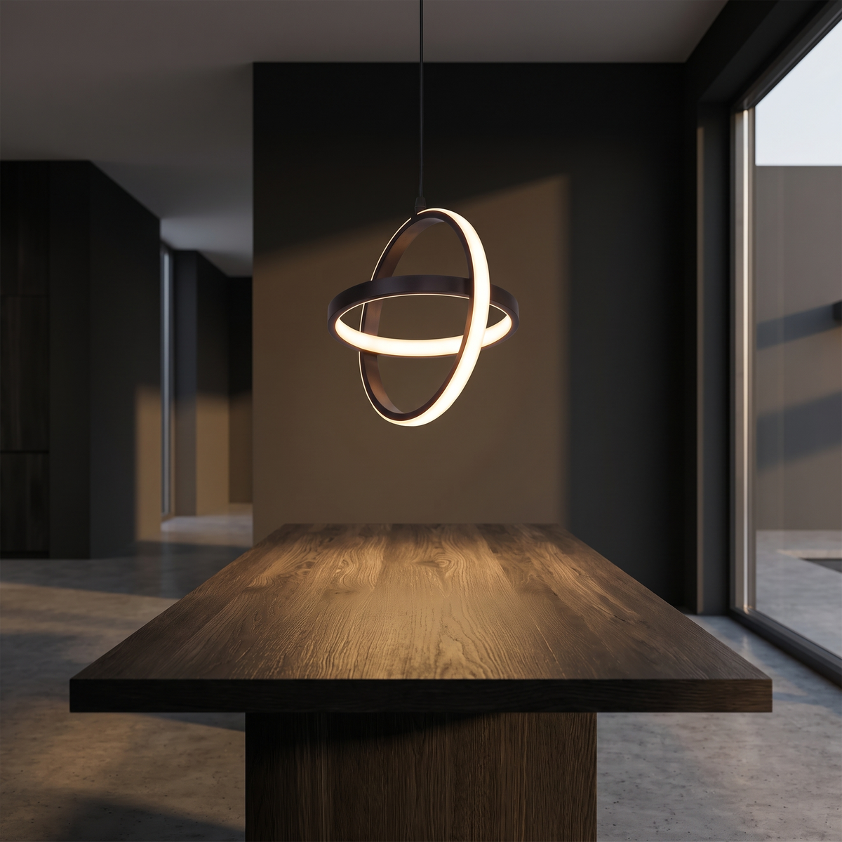 Double Ring LED Pendant Light hanging over a dark oak dining table