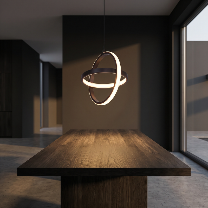 Double Ring LED Pendant Light hanging over a dark oak dining table