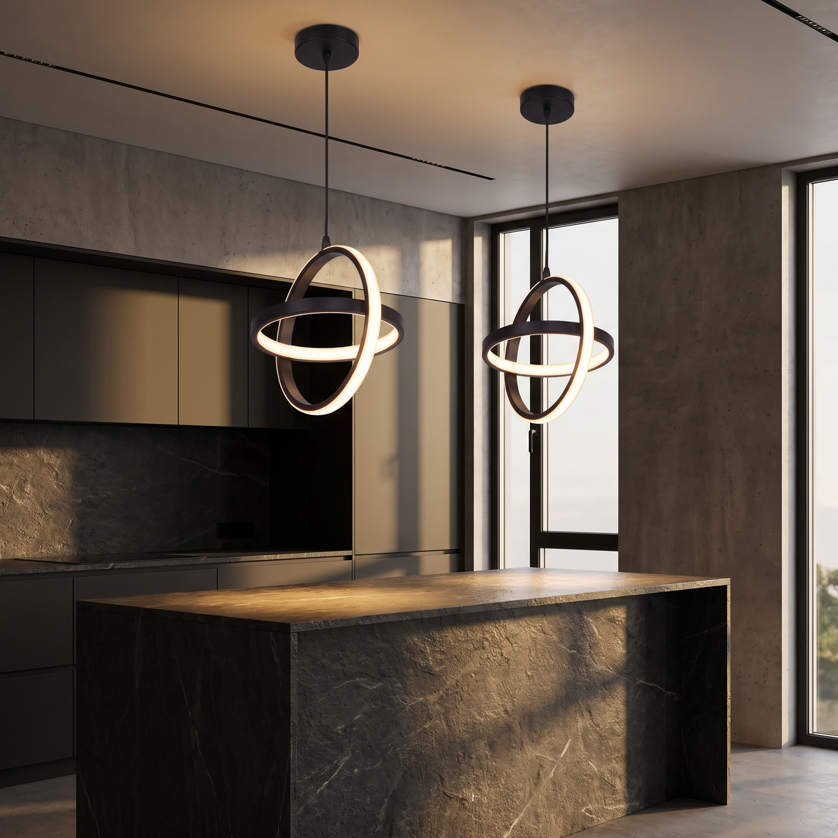 Double Ring LED Pendant Light hanging in a pair over a dark stone kitchen island