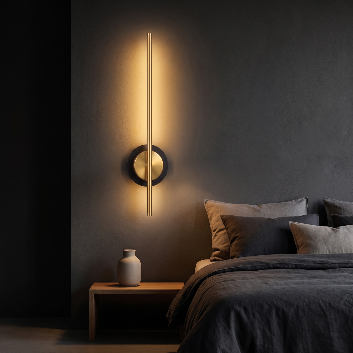 Cordless Brass Bar Wall Sconce mounted on a charcoal wall beside a bed in a dark bedroom