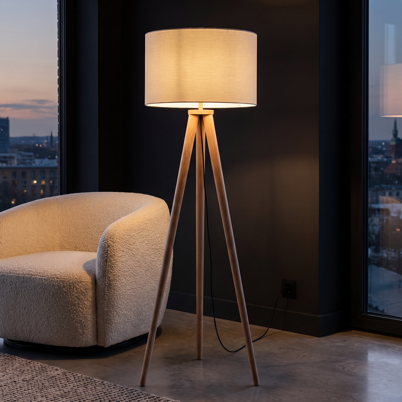 Wooden Tripod Floor Lamp beside a boucle armchair in a dark living room