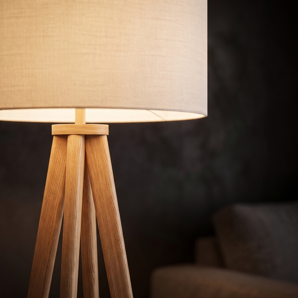 Close-up of the Wooden Tripod Floor Lamp