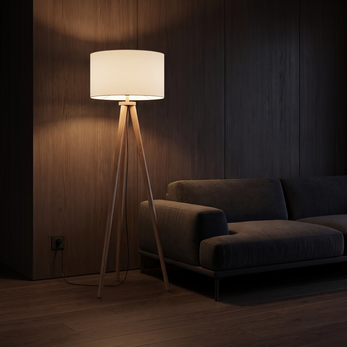 Wooden Tripod Floor Lamp shown to scale beside a sofa