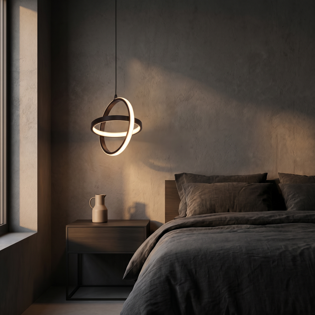 Double Ring LED Pendant Light shown to scale hanging over a bedside table