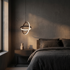 Double Ring LED Pendant Light shown to scale hanging over a bedside table