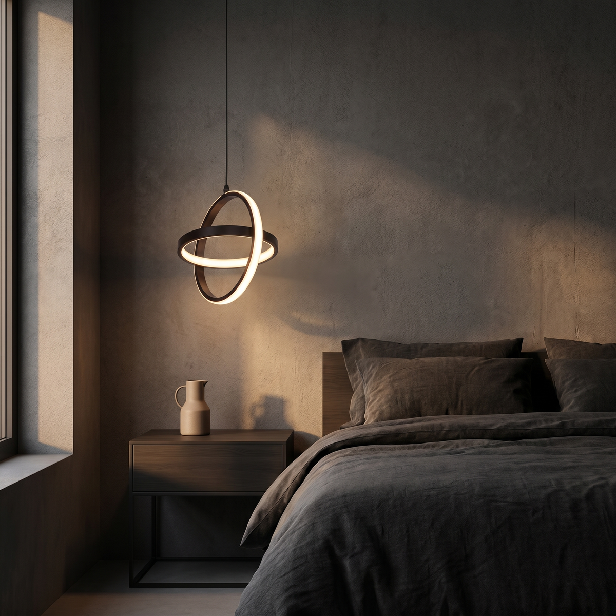 Double Ring LED Pendant Light shown to scale hanging over a bedside table