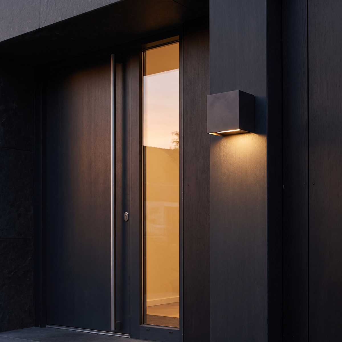 Up & Down Outdoor Wall Light shown to scale beside a front door on a dark exterior wall at dusk