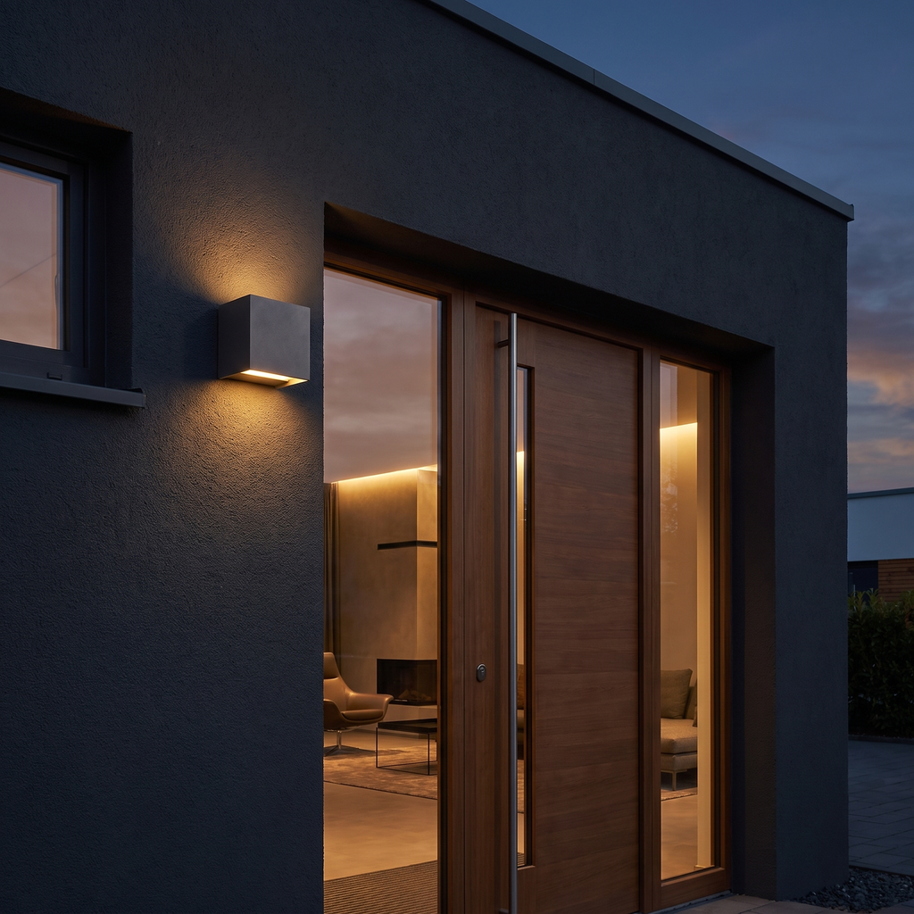 Up & Down Outdoor Wall Light mounted beside a front door on a dark rendered exterior wall at dusk